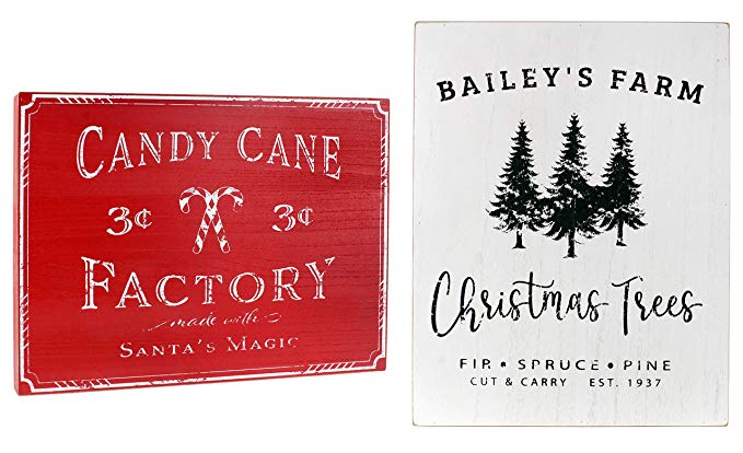 AuldHome Vintage Christmas Wall Art 2-Picture Set, Farmhouse Style Wood Signs “Christmas Tree Farm” and “Candy Cane Factory” Holiday Wall Decor, 17 x 13 Inches Large Pictures