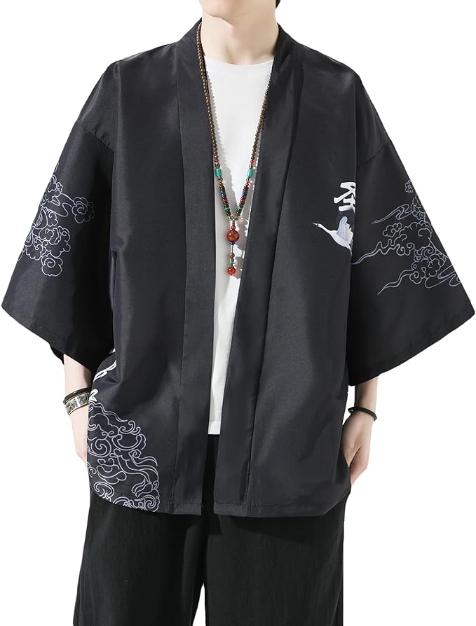 PRIJOUHE Men's Kimono Cardigan Jacket Japanese Style Flying Crane Seven Sleeves Open Front Coat