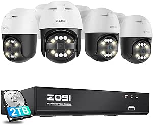 ZOSI 4K Kit Cámaras de Vigilancia PoE Exterior, 8CH CCTV Grabador NVR y 2TB HDD con (4) 8MP PT Cámara de Seguridad, Detección y Seguimiento de Persona/Vehículo, Alarma Sonora y Luminosa, Audio