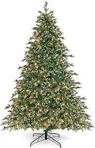 Goplus 7ft Pre-Lit Artificial Christmas Tree, Hinged Full Xmas Pine Tree with 340 Warm White LED Lights, 8 Modes, 846 PVC & PE Branch Tips, Pine Cones, Metal Stand, Seasonal Home Office Decoration