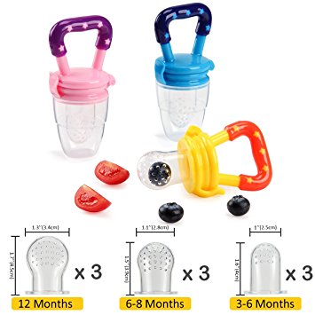 Biubee 3 Pack Baby Food Feeder with 9 Different Size Nipples(3 for S, 3 for M, 3 for L), Silicone Fresh Fruit Feeder Nibbler Teether Food Mesh for Infant & Toddlers Including All Size