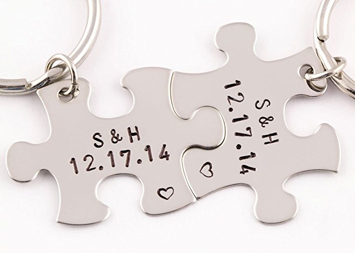 2 Piece Personalized Anniversary Date Puzzle Piece Keychain Set | Initials & Date