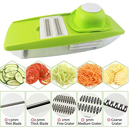 Shareway 5 Blades Handheld Mandoline Slicer Adjustable Vegetable Cutter Food Storage Perfect for Potato/Cucumber/Carrot/Onion/Cheese etc Kitchen Accessories (with a Vegetable Peeler)