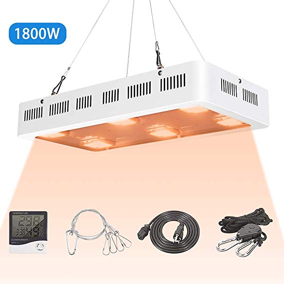 X6 1800W COB LED Grow Light UV Full Spectrum X6 COB LED Plant Light Dasiy Chain with On/Off Switch with Temperature and Humidity Monitor, Hanging Hook Kit, Adjustable Rope, White
