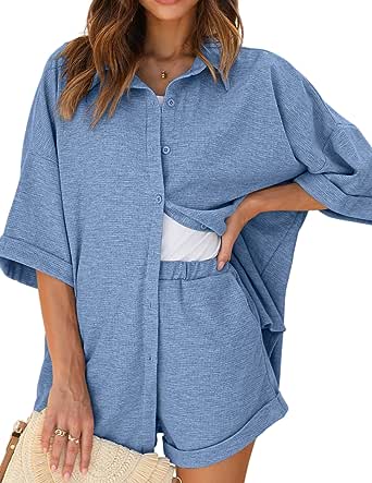 Ekouaer Womens Waffle Pajama Set Button Down Comfy Matching Loungewear 2 Piece Tracksuit Shorts Set with Pockets