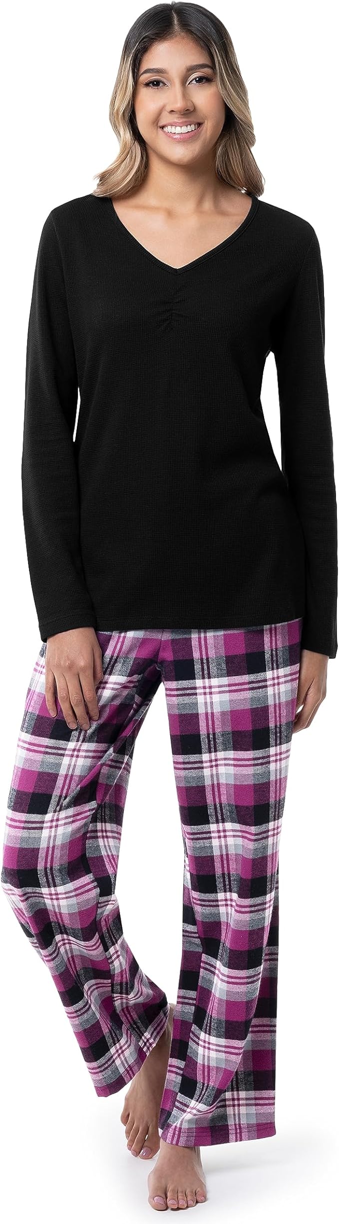 Fruit of the Loom Women's Waffle V-Neck Top and Flannel Pant Sleep Set