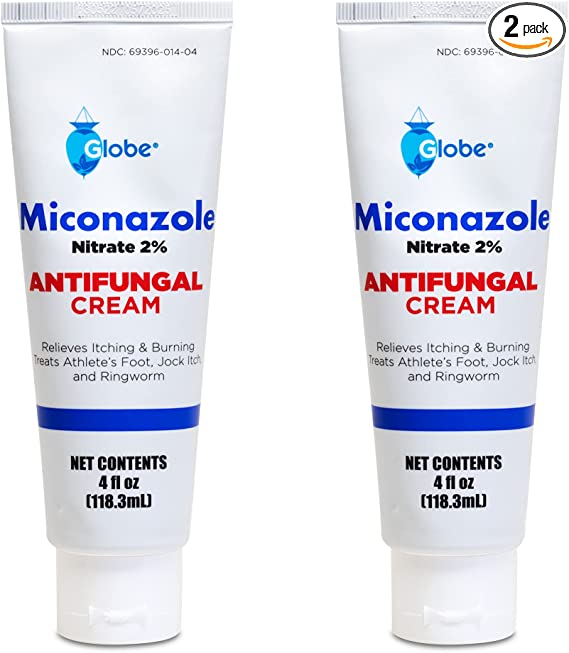 Globe Miconazole Nitrate 2% Antifungal Cream, (4 oz) Cures Most Athletes Foot, Jock Itch, Ringworm. (2 Pack)