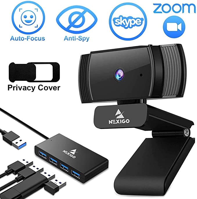 NexiGo AutoFocus 1080p Webcam with 2ft 4-Port USB 3.0 Hub, Microphone and Privacy Cover, HD USB Web Camera, for Online Class, Zoom Meeting YouTube Skype Facetime, PC Mac Laptop Desktop