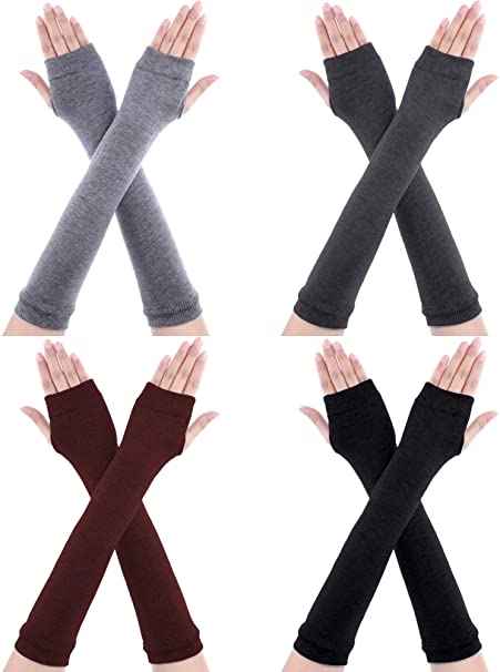 4 Pairs Long Fingerless Gloves Warmer Thumbhole Elbow Length Gloves for Women (Color Set 2)