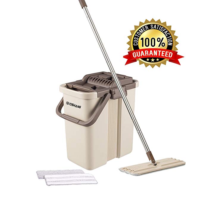 Oshang Flat Squeeze Mop and Bucket - Hand-Free Wringing Floor Cleaning Mop - 2 Types Washable & Reusable Microfiber Mop Clothes/Pads Included - Wet or Dry Usage on Hardwood, Laminate, Tile