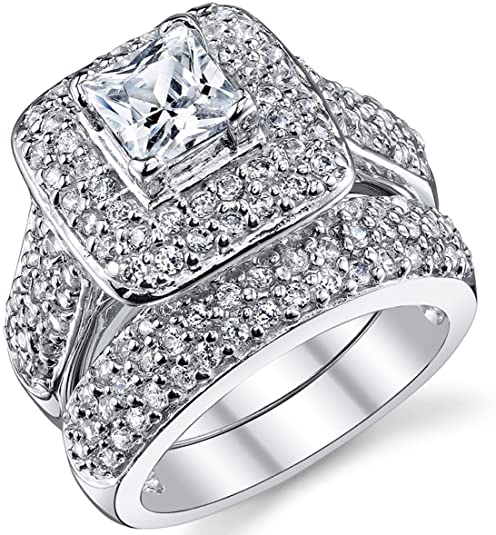 1 Carat Princess Cut Cubic Zirconia Sterling Silver 925 Wedding Engagement Ring Band Set