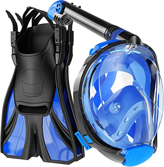 COZIA DESIGN Snorkel Set Adult - Full Face Snorkel Mask and Adjustable Swim Fins, 180° Panoramic View Scuba Mask, Anti Fog and Anti Leak Snorkeling Gear