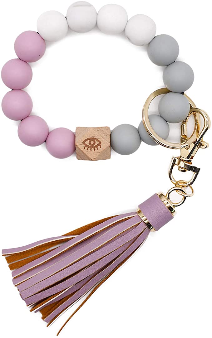 Silicone Key Ring Bracelet, Portable Elastic Beaded Bangle Keychain Wristlet for Women, w/ PU Leather Tassel