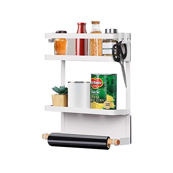 Nandae Magnetic Fridge Organizer, Spice Jars Rack Kitchen Rack Refrigerator Side Shelf Storage Rustproof with 4 Removable Hooks, White