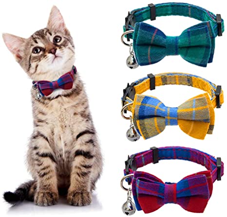 Breakaway Cat Collar with Bell and Removable Bowtie - 3 Pcs Cute Plaid Adjustable Safety Collars for Kitty, Puppy, Small Dogs, Colors of Red, Green, Yellow, 8"-12"