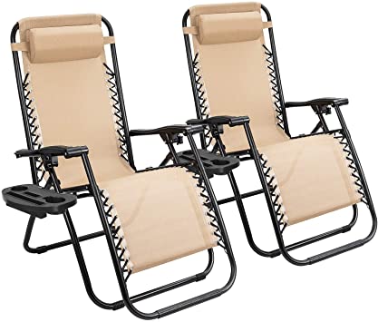 Flamaker Patio Zero Gravity Chair Outdoor Recliners Folding Lounge Chair Adjustable Lawn Lounge Chair with Pillow for Poolside, Yard and Camping (Beige)