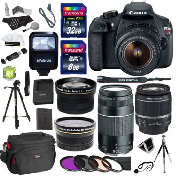 Canon EOS Rebel T5 Digital SLR Camera Body Bundle with EF-S 18-55mm IS Lens EF 75-300mm f4-56 III Lens Polaroid 43x Wide Angle and 22X Telephoto Lens and Accessories 20 Items