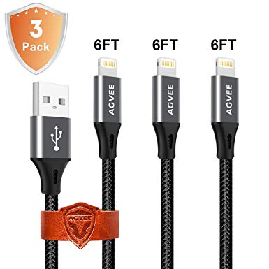 End Tip Unbreakable Cruel 4A Heavy Duty [3 pack 6ft], Agvee Metal Shell, Braided Durable Fast Charging Cable Charger Cord for iPhone X 8 7 6s 6 Plus 5 Case Friendly Gray Black