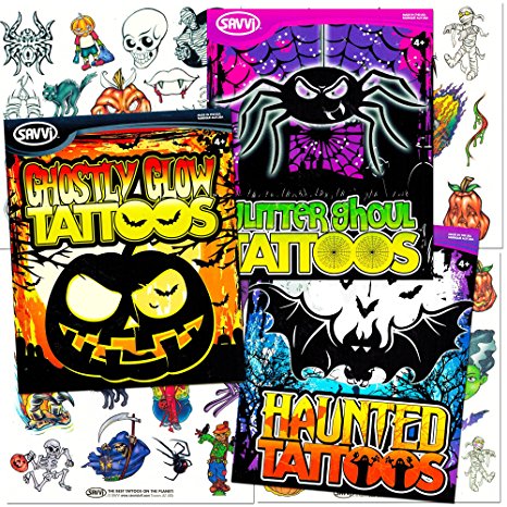 Savvi Halloween Tattoos Party Pack (3 Full-sized Bags ~ Over 140 Temporary Tattoos, Includes Halloween Glow in the Dark Tattoos)