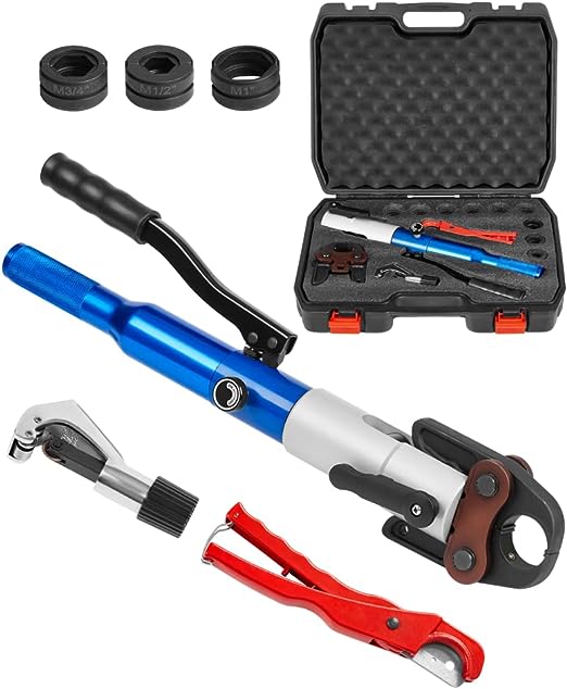 Broadfashion Copper Tube Fittings Hydraulic Pipe Crimping Tool with 1/2'', 3/4'', 1''Jaw Copper Pipe Press Crimpers, Suit for Narrow Space and Tee Fitting，Hydraulic drive