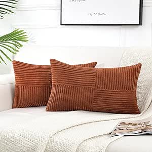 Fancy Homi 2 Packs Rust Long Lumbar Decorative Throw Pillow Covers 12x24 Inch for Couch Bed Sofa, Farmhouse Boho Home Decor, Soft Corduroy Patchwork Rectangle Terracotta Cushion Case 30x60 cm