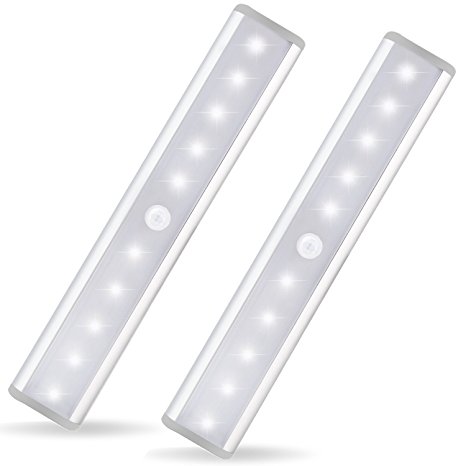 Motion Sensor Cabinet Light Night 850 mAh Battery,YIGER USB Rechargeable 10 LED with Removable Magnet 3M Adhesive ，Hallway/Wardrobe/Washroom /Stairs/Storage Room (Silver 2-pack)