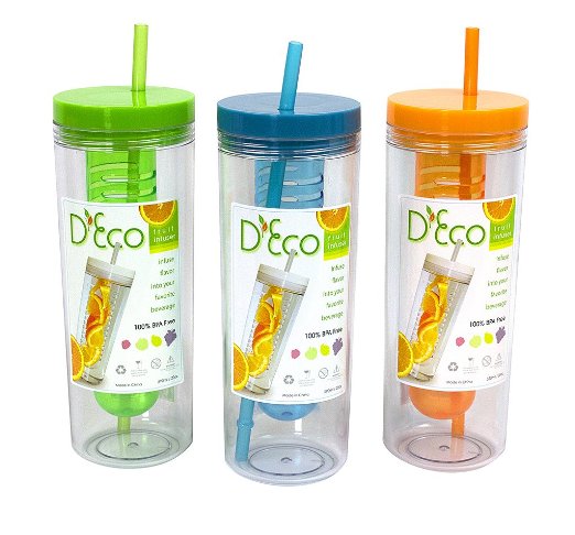 Fruit Infuser Water Bottle by DEco Set of 3- Orange Blue and Green