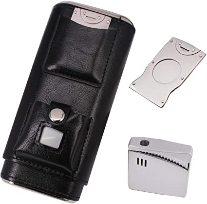 AMANCY Elegant 3 Holder Black Cigar Case Combo Set with Lighter and Cutter Perfect Completed Gift Kit