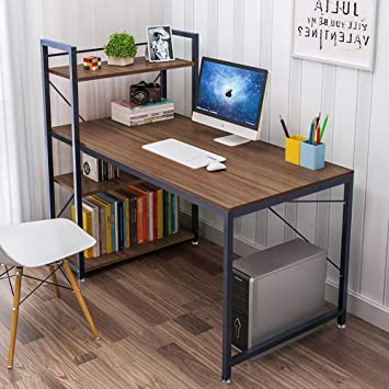 Tower Computer Desk with 4 Tier Shelves - 47.6'' Multi Level Writing Study Table with Bookshelves Modern Steel Frame Wood Desk Compact Home Office Workstation (Walnut)