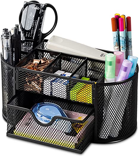 Mesh Desk Organizer, 8 Compartments with Drawer Desk Accessories, Multi-Functional Desk Supplies, Black