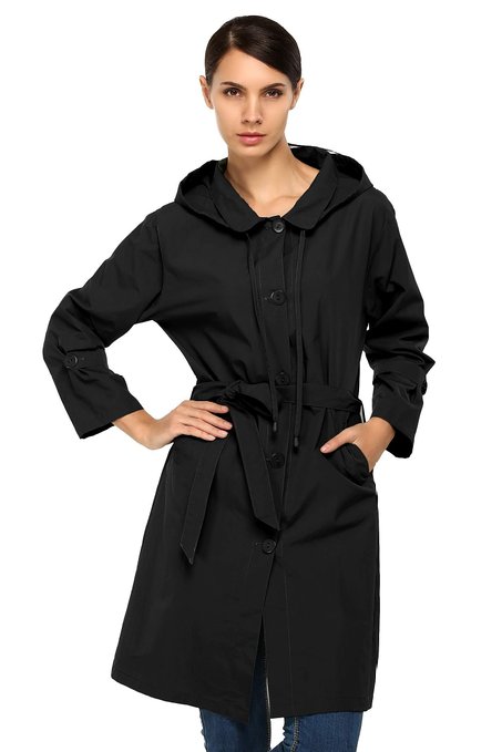 ACEVOG Women Packable Front Button Raincoat Hooded Rain Jacket Wind Rain Coat