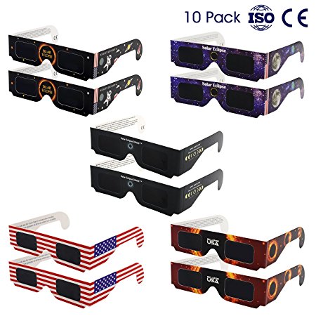 Solar Eclipse Glasses Assorted Certified ¨C HappyHomey CE & ISO Certified Safe Shades, Spectacles, Goggles, Viewer & Filter for Direct Sun Viewing, Eye Protection for All Ages, 10 Pack, 5 Designs