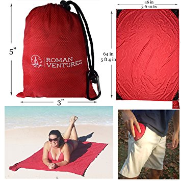 Roman Ventures Oversized Beach Blanket (10'x 9’) AND Compact Outdoor Pocket Blanket COMBO PACK. Premium Ripstop Nylon Outdoor Blanket. Repels Sand And Moisture. Great For Beach, Parks, Picnics, Hiking