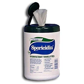 Sporicidin Disinfectant Towelettes in pop-up canister (5" x 8") 180 towelettes per canister by Sporicidin