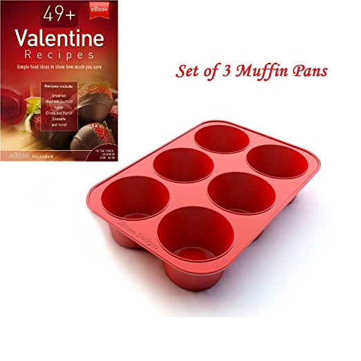 Silicone Texas Muffin Pans and Valentine Cupcake Maker, 6 Cup Large, Set of 3, Commercial Use, Plus Muffins Recipe Ebook