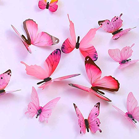 Butterfly Wall Decals, 24 Pcs 3D Butterfly Removable Mural Stickers Wall Stickers Decal Wall Decor for Home and Room Decoration - Purple (Pink)