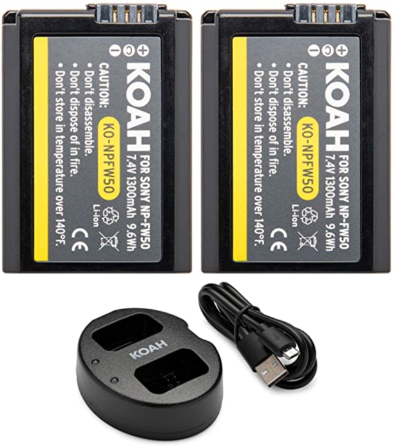 Koah PRO Two-Pack Rechargeable 1300mAh Battery and Dual Charger for Sony NP-FW50