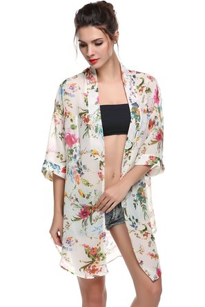 Bluetime Women's 3/4 Sleeve Floral High Low Chiffon Kimono Cardigan Blouse