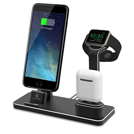 ATOPHK 4 in 1 Apple Watch Stand Aluminum NightStand Mode, Airpods Cell Phone Holder Desktop Bracket Charging Dock Station for Airpods iPhone 8 8plus 7 7plus 6S 6plus iWatch(38mm 42mm) (101-Black)