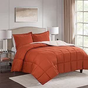 HIG 3pc Burnt Orange Queen Size Comforter Set - All Season Reversible Down Alternative Comforter with Sham - Quilted Duvet Insert with Corner Tabs - Box Stitched - Breathable, Soft, Fluffy