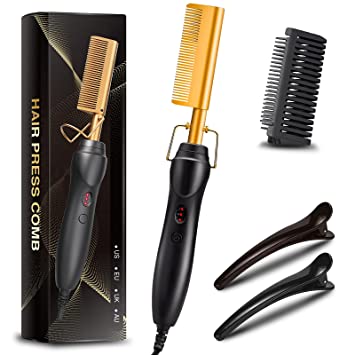 Hot Comb Hair Straightener,2in1 Ceramic Comb Security Portable Curling Iron Heated Brush,Multifunctional Copper Hair Straightener Brush Straightening Comb for Wet & Dry Hair Wigs Women Men Brush