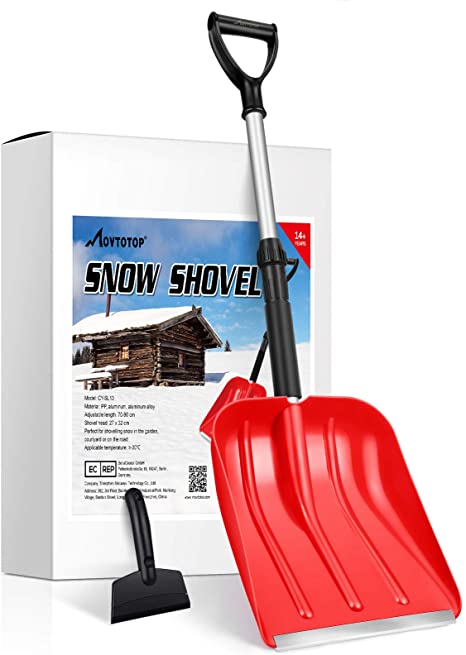 MOVTOTOP Snow Shovel for Car, Portable Snow Shovel with Ajustable Handle and Durable Aluminum Edge Blade for Snow Removal, 35.4-Inch Snow Shovel for Driveway, Car, with Ice Scraper (Red)
