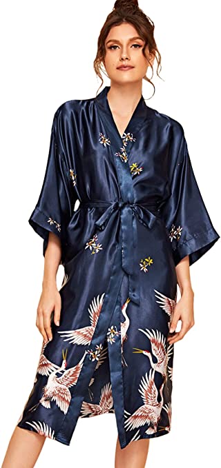 DIDK Women's Satin Sleepwear V Neck Loungewear Long Kimono Lingerie Belted Robes