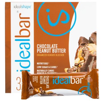 IdealBar Meal Replacement Snack Bar Chocolate Peanut Butter By IdealShape Stop the Cravings Feel Full for 3 Hours with Natural Hunger Blocker Slendesta Delicious Weight Loss Contains 7g of Fiber Only 140 Calories 7g of Sugar 10g of Protein and 23 Essential Vitamins and Minerals 7 BarsBox