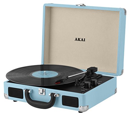 Akai A60011NB Briefcase Style 3-Speed Portable Turntable with Built-In Speakers, Supports Vinyl, Bluetooth, MP3 and RCA Output - Blue