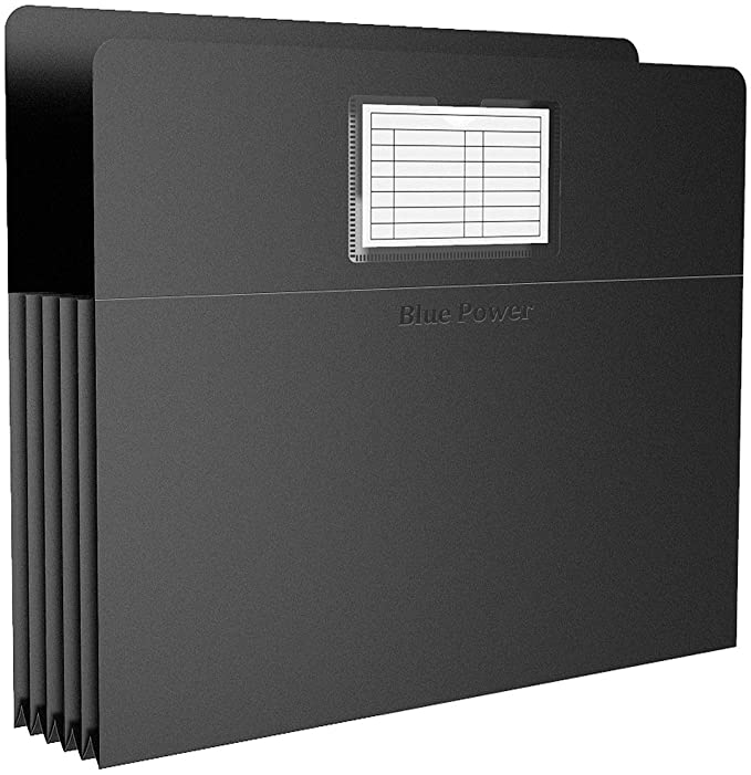 12 Pack BluePower Accordion Expanding File Folder, Letter Size, 6" Expansion, Receipt/Document/Taxes/Files Organizer, Waterproof Plastic Accordian Filing Box with Label Pockets (Black)