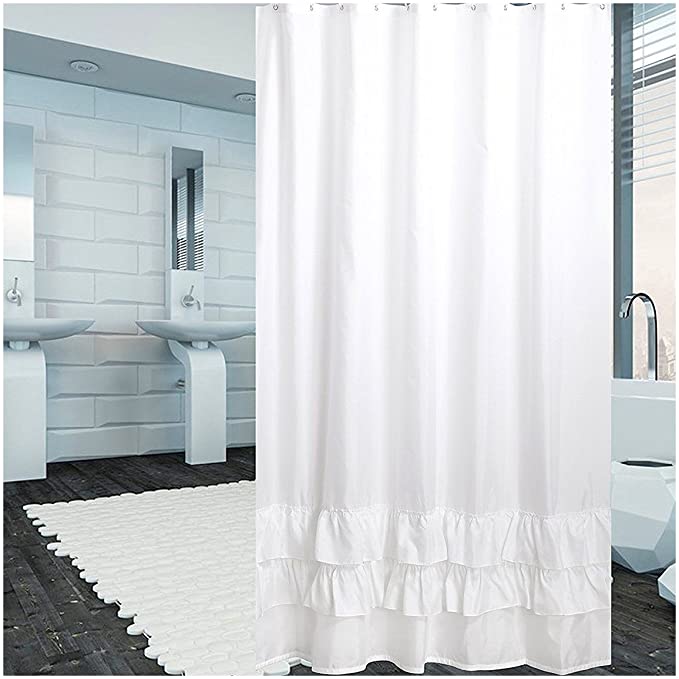 YUUNITY Extra Thicken Premium Quality Ruffle Shower Curtain Polyester Fabric Washable, 72x80-White