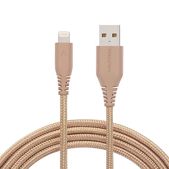 Apple MFi Certified Lightning Cable, Voltmax Double-Braided iPhone Charger w/Reinforced Aramid Fiber for iPhone Xs/Xs Max, Xr, X, 8/8Plus, 7/7Plus, 6/6Plus, iPad Pro/Air 2, iPad Mini 4/3/2 (Gold-6FT)
