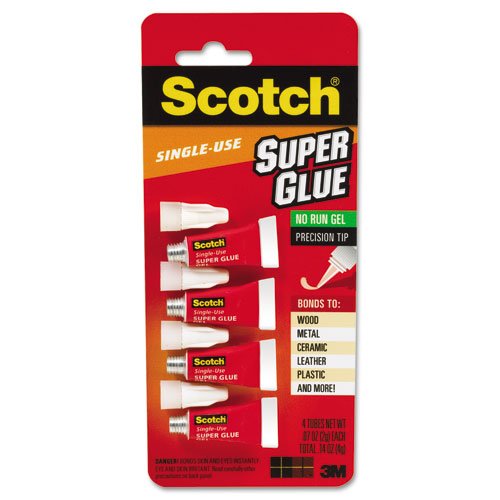 Scotch Products - Scotch - Scotch Single Use Super Glue, 1/2 Gram Tube, No-Run Gel, 4/PK - Sold As 1 Pack - Fast-drying adhesive combines improved bonding with precision application. - Bonds faster to many surfaces than standard super glues. - No-run gel formula and precision tip makes it easier for users to control glue. - Bonds strongly to many surfaces including wood, metal, plastic, ceramic, vinyl, rubber and leather. - Screw cap.