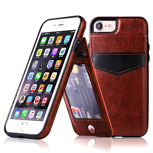 Onetop, for iphone 7 case with card holder, premium PU leather kickstand wallet case for iphone 7 4.7 inch(Brown)